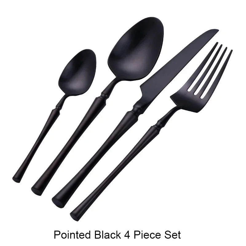 Matte stainless steel dinnerware set with black, gold, and silver finishes from 𝕄𝕔 𝕋𝕙𝕖 𝔹𝕝𝕒𝕔𝕜 𝔻𝕚𝕒�