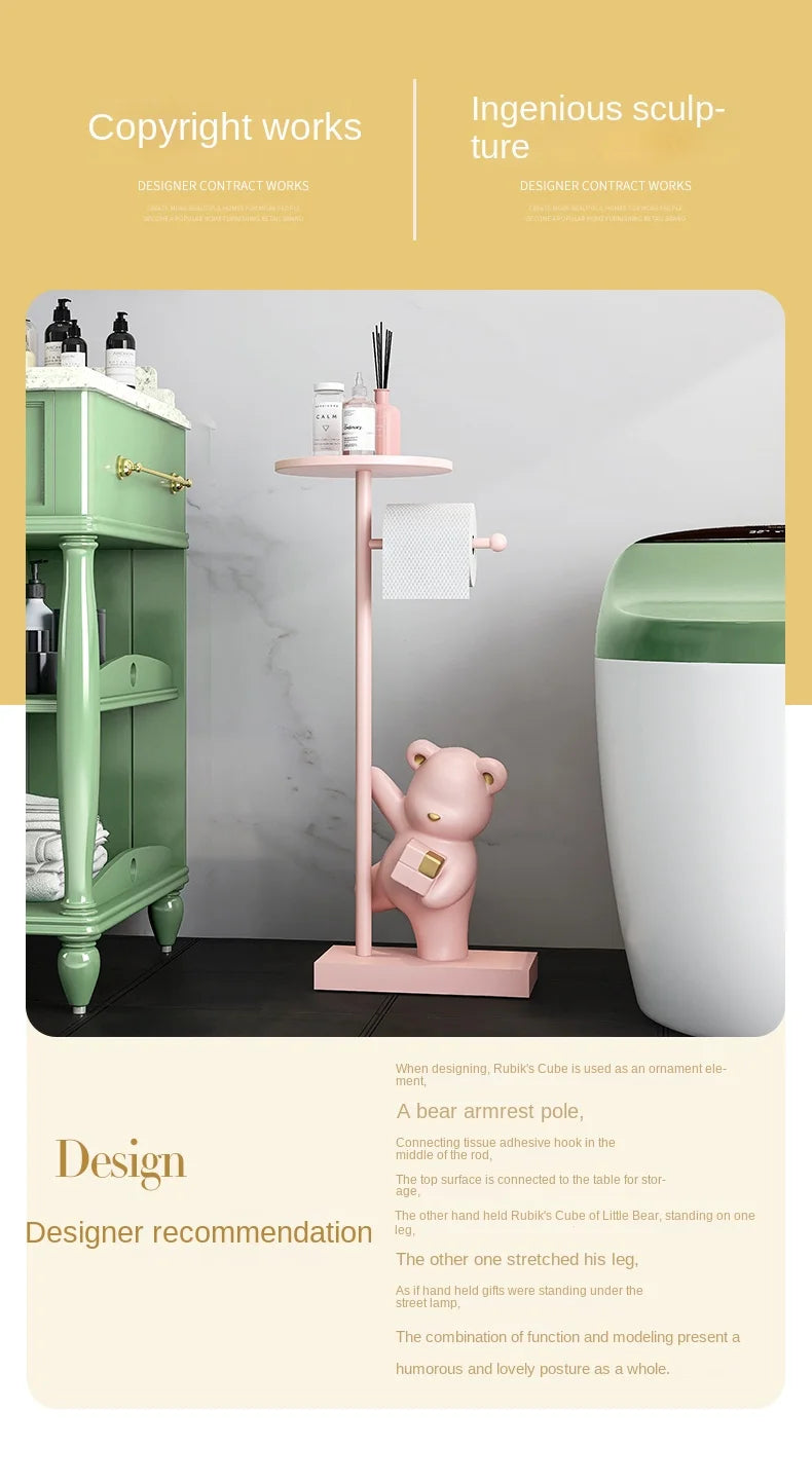 MC THE BLACK DIAMOND bear figurine toilet paper holder for household decor, featuring a cute bear design for bathroom organization.
