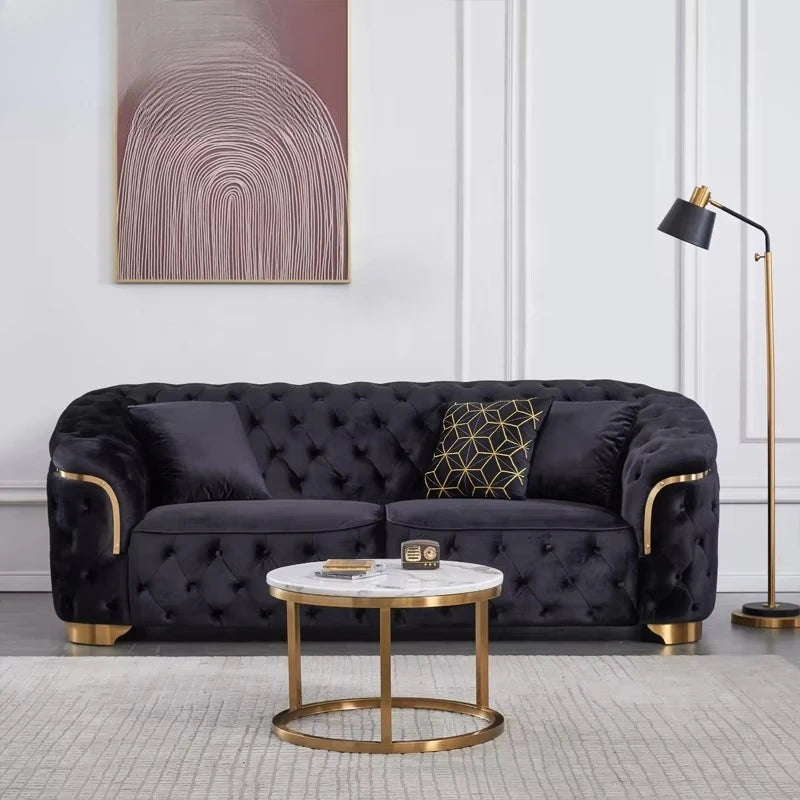 Modern luxury velvet Chesterfield lounge sofa set with gold base and wooden legs, perfect for villa living room decor.