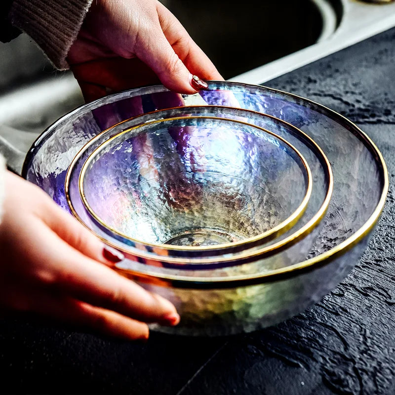 Thick rainbow glass dinner plate from MC THE BLACK DIAMOND, featuring a colorful, sturdy steak plate design for elegant dining.