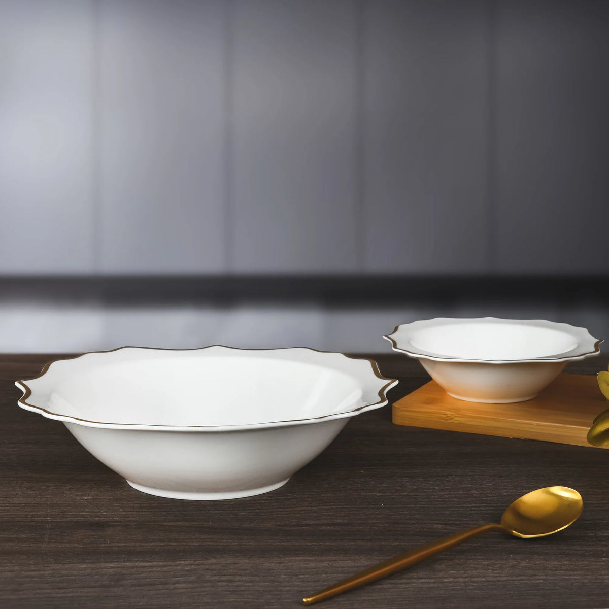 Elegant porcelain dinnerware set by MC THE BLACK DIAMOND, featuring white plates and bowls for luxury table setting.