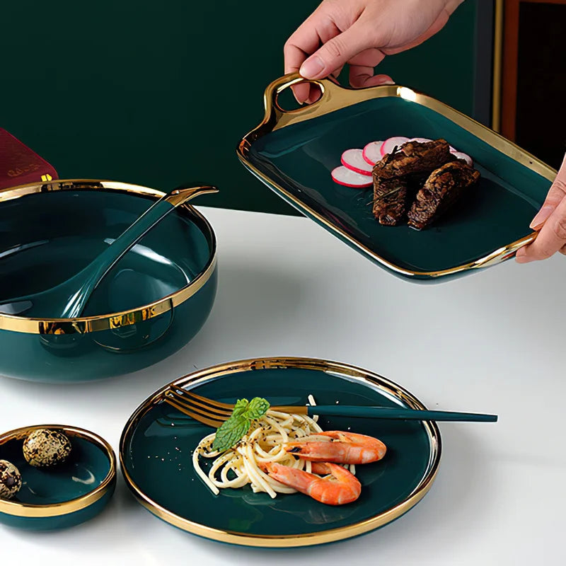 Luxury MC THE BLACK DIAMOND family dinnerware set with plates, bowls, and mugs arranged on a table.