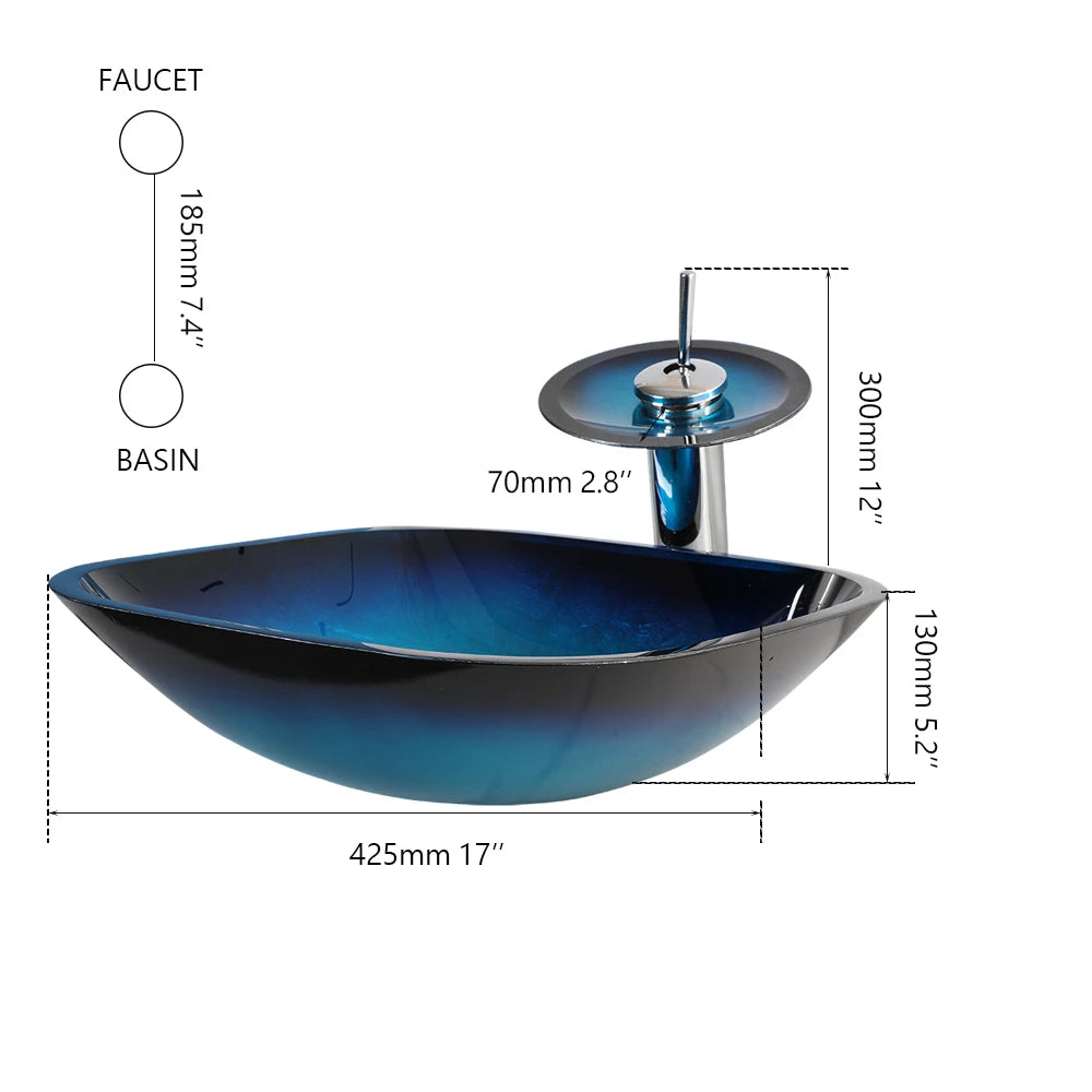 Blue glass vessel sink with waterfall faucet set by MC THE BLACK DIAMOND, showcasing sleek modern bathroom fixture.