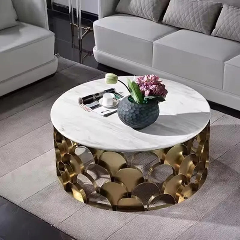 Modern fish scale stainless steel luxury glass coffee table with sleek design, showcasing reflective glass surface and intricate metal frame.