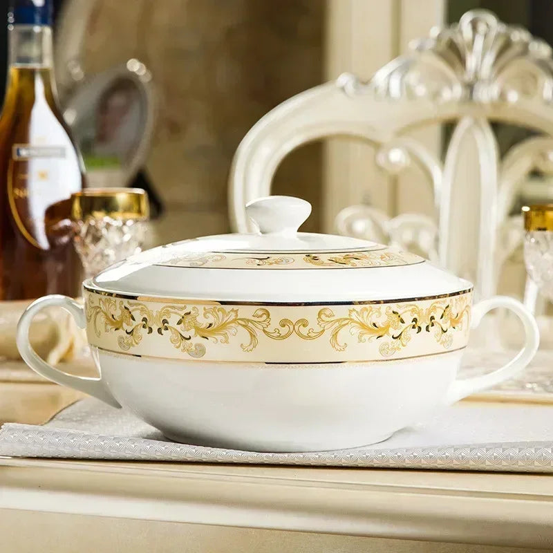 Golden ceramic dinnerware set by MC THE BLACK DIAMOND, elegant luxury tableware with matching plates and bowls on a dining table.