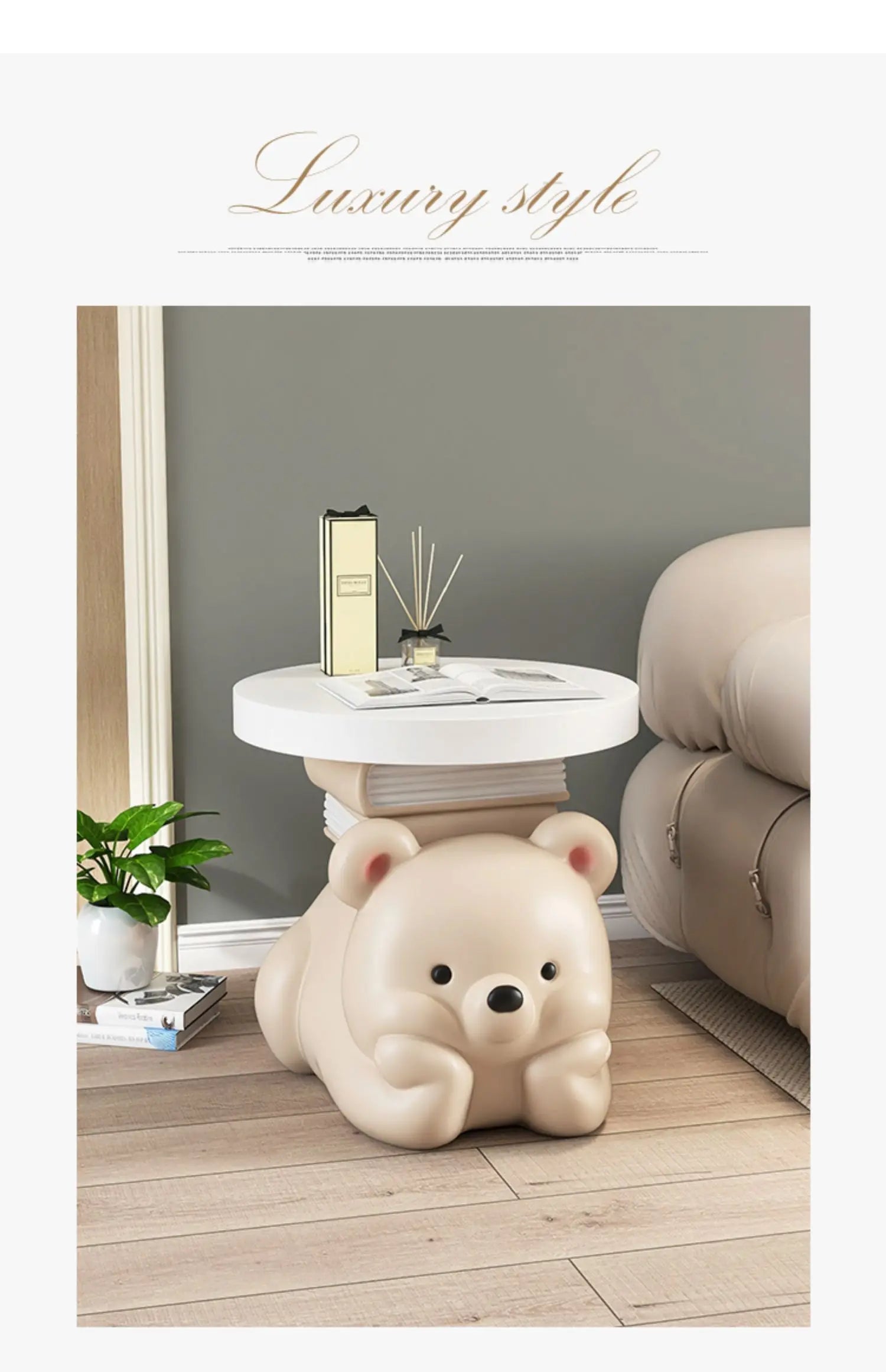 Cream bear end table by MC THE BLACK DIAMOND, living room floor ornament, versatile home accessory with a whimsical design.