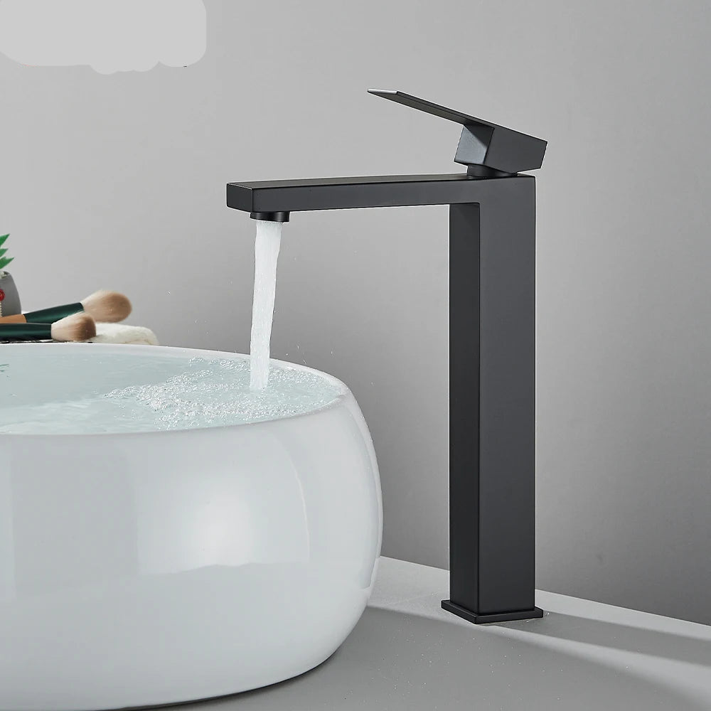 Matte black stainless steel bathroom basin faucet with hot and cold mixer, sleek modern design from MC THE BLACK DIAMOND