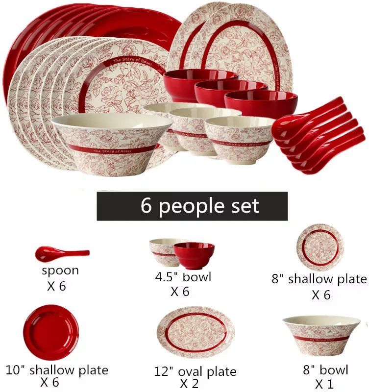 Red retro ceramic dinnerware set by MC THE BLACK DIAMOND featuring luxurious porcelain plates and bowls for elegant dining.