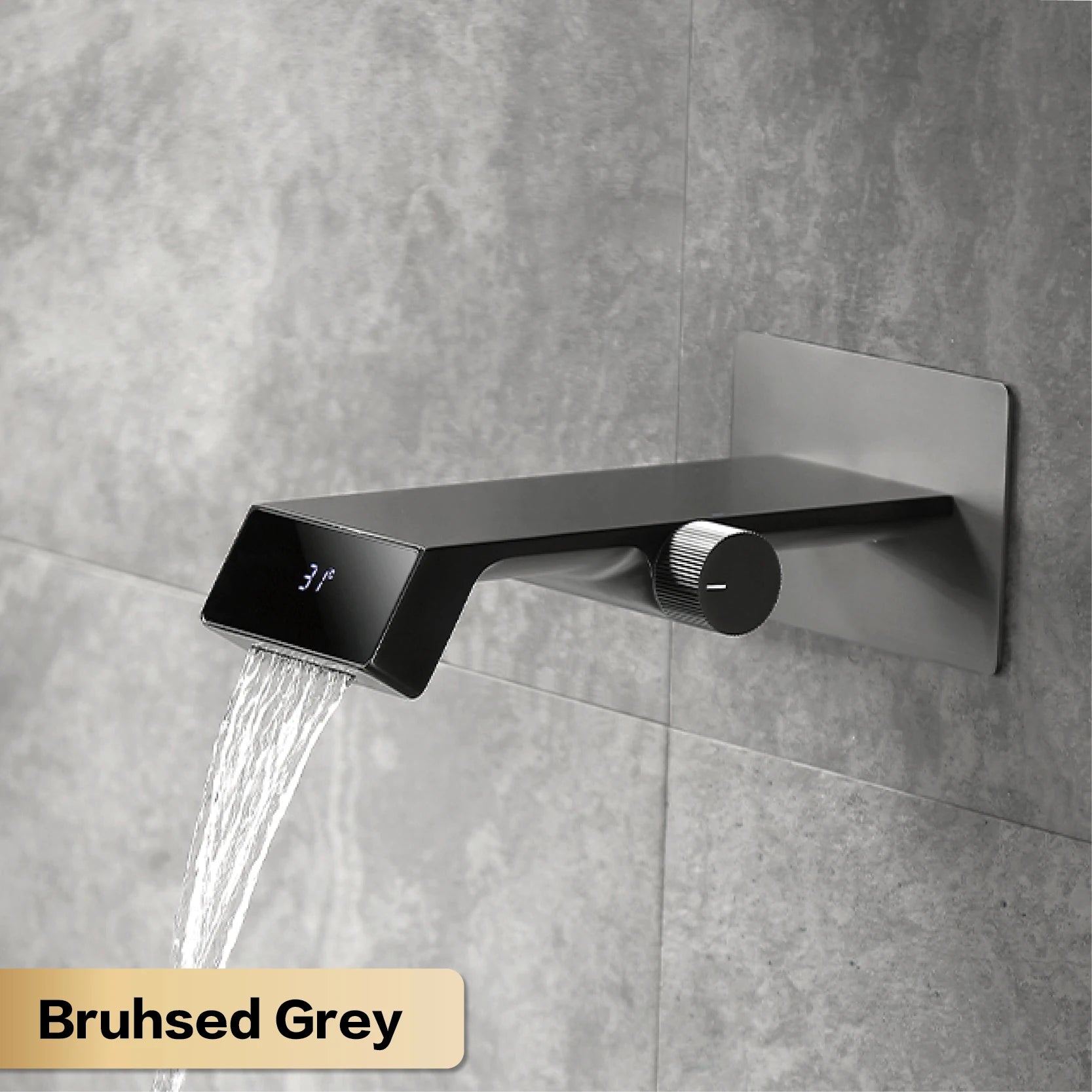 Luxury MC THE BLACK DIAMOND gray brass bathroom faucet with LED digital display, designed for bath and sink use.