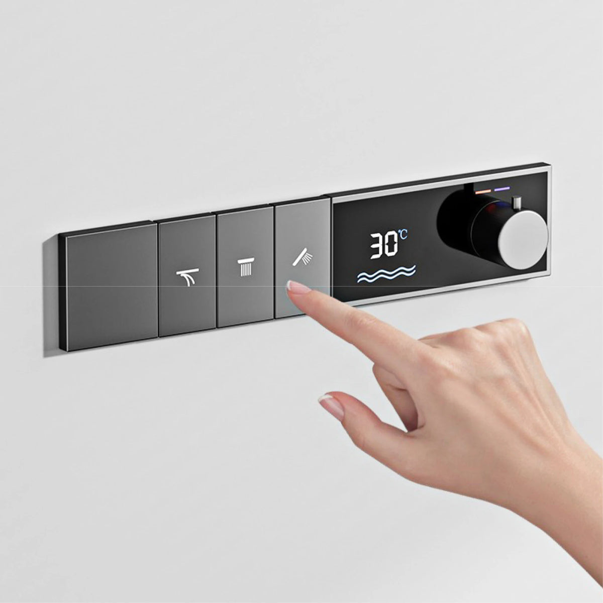LED digital display shower system by MC THE BLACK DIAMOND with three spray modes, featuring modern design and easy controls.
