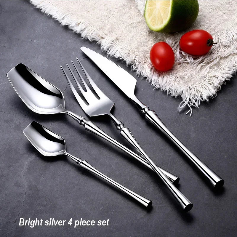 Mirror matte stainless steel black, gold, and silver dinnerware set, featuring elegant plates, bowls, and utensils for sophisticated dining.
