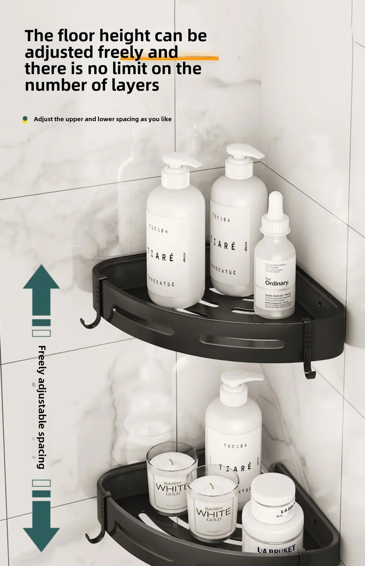MC Diamond No-Drill Shower Caddy and bathroom organizer in black, with multiple shelves and hooks for shower essentials.