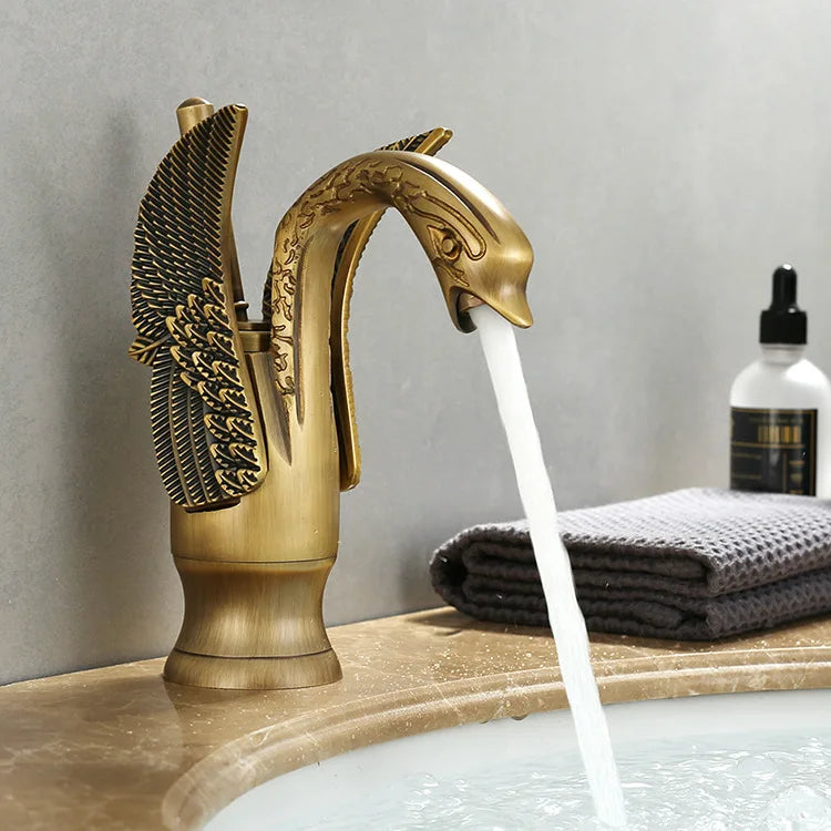 MC THE BLACK DIAMOND sink faucet with swan-shaped design, single handle hot and cold water mixer tap for bathroom sinks.