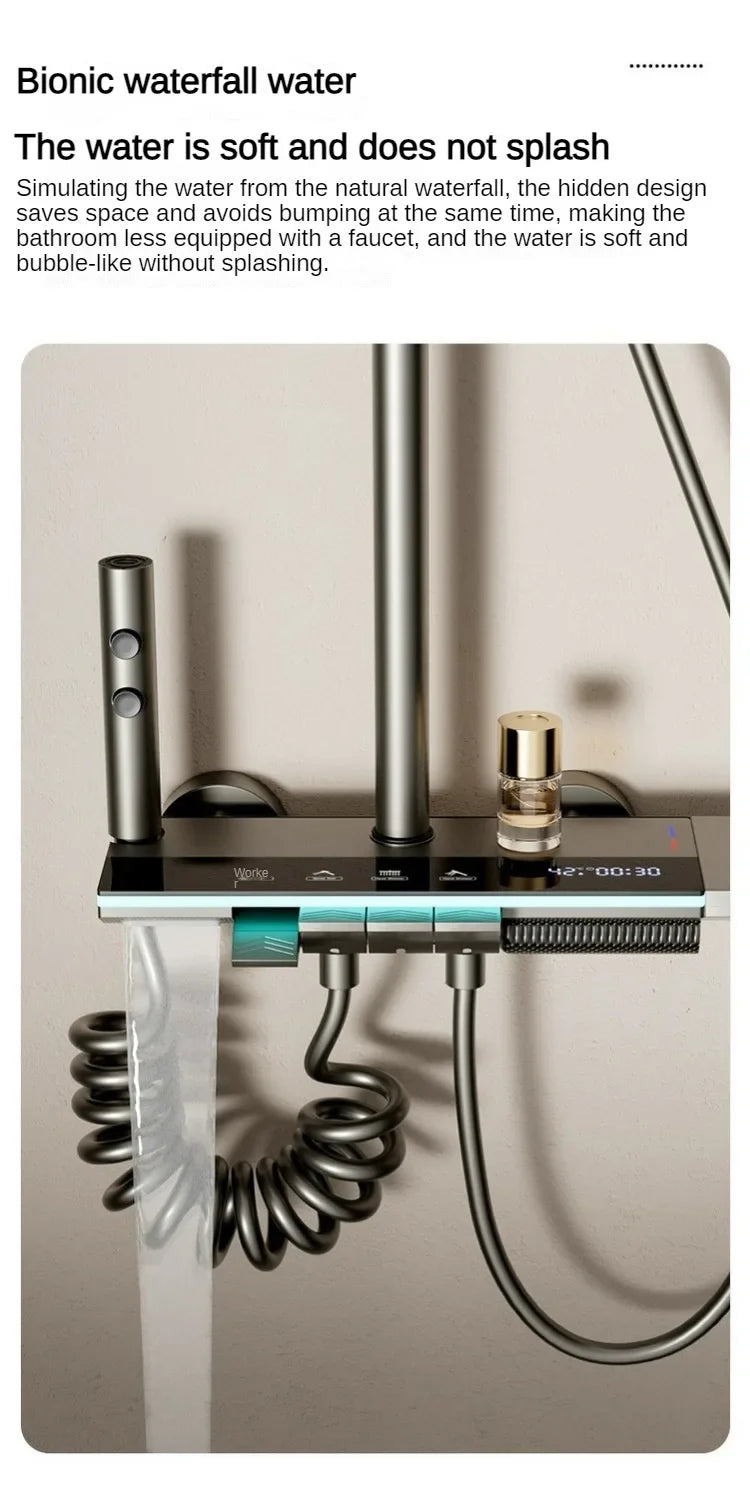 Wall-mounted MC THE BLACK DIAMOND rainfall shower system with pressurized bath and shower faucet set, featuring modern design.