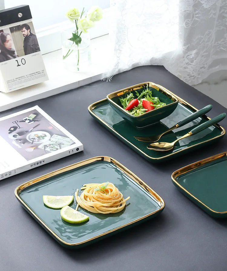 Dark green ceramic dinner plate with gold border, part of 𝕄𝕔 𝕋𝕙𝕖 𝔹𝕝𝕒𝕔𝕜 𝔻𝕚𝕒𝕞𝕠