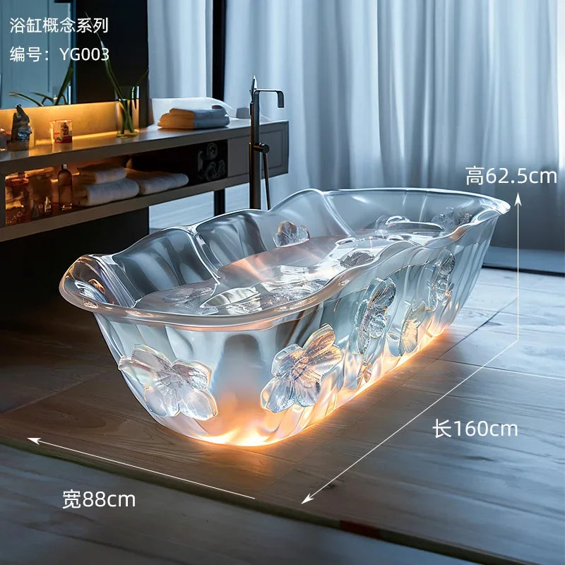 Transparent MC THE BLACK DIAMOND freestanding resin bathtub with a crystal-like finish, designed for couples in modern bathroom settings.