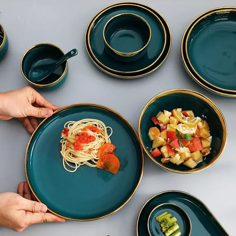 Green ceramic dinnerware set by MC THE BLACK DIAMOND, includes plates and bowls for family meals, stylish and durable ceramic design.