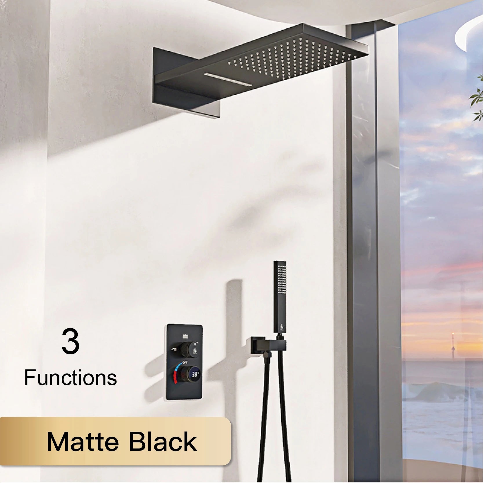 LED digital display shower system by MC THE BLACK DIAMOND with dual control for hot and cold water in a modern bathroom setup