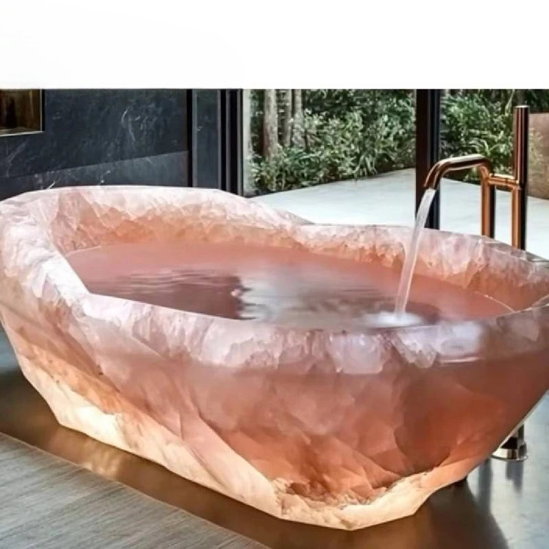 Irregular pink agate freestanding bathtub by MC THE BLACK DIAMOND, showcasing a smooth, polished surface for luxury bathrooms.