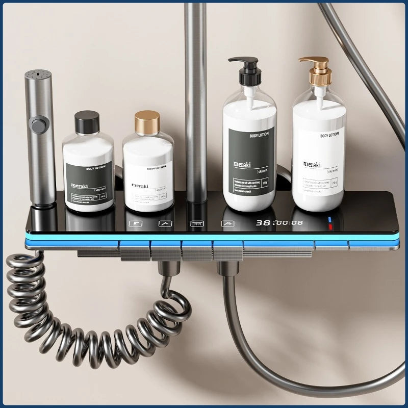 Digital bathroom shower faucet set with temperature display and rainfall shower head by MC THE BLACK DIAMOND, modern shower system.