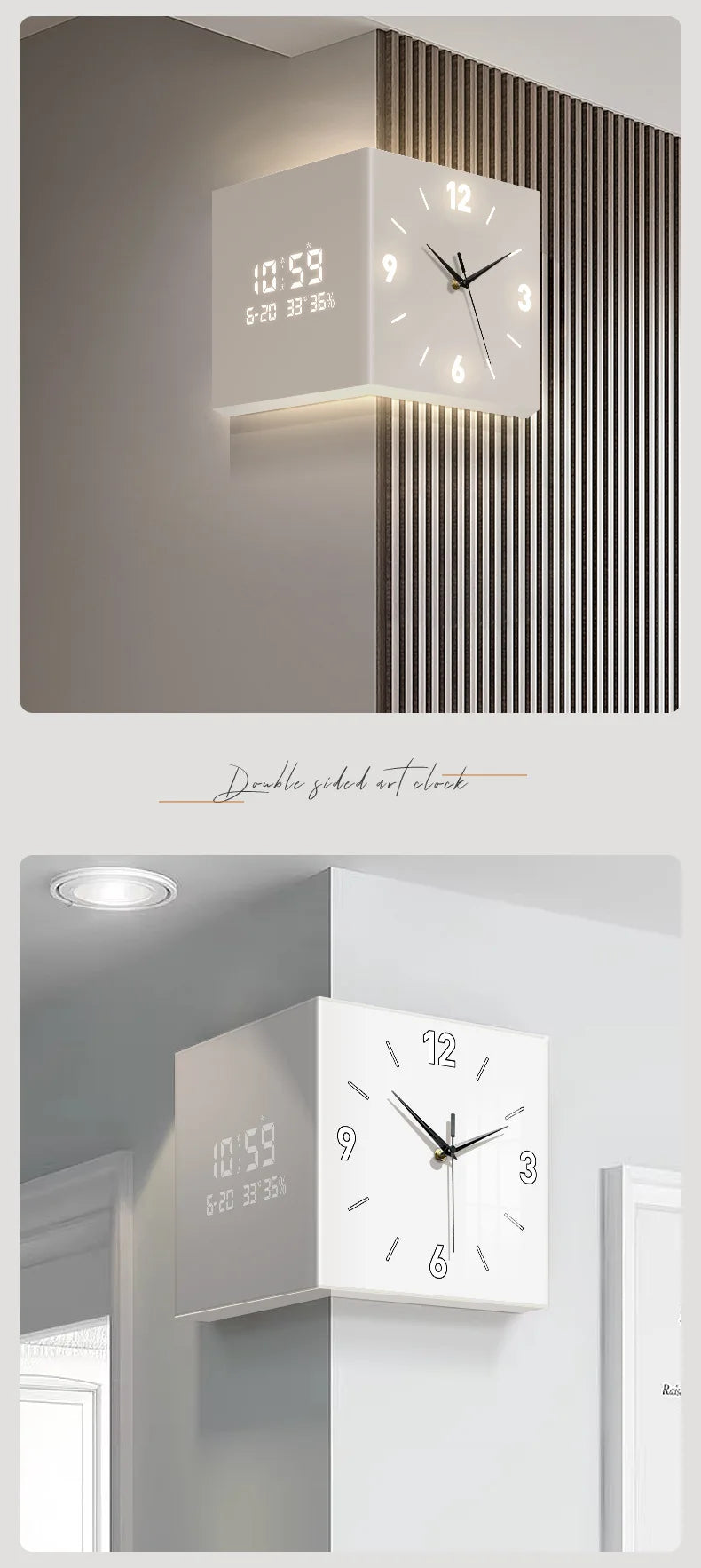 Modern double-sided electronic wall clock with perpetual calendar, designed for living room corner decor by 𝕄𝕔 𝕋𝕙𝕖 𝔹𝕝𝕒𝕔𝕜 𝔻𝕚𝕒