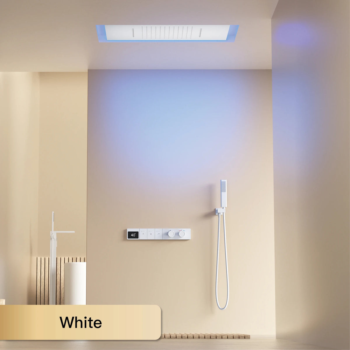 Wall-mounted MC THE BLACK DIAMOND shower system with hidden design, dual control hot and cold water faucet, modern bathroom fixture.