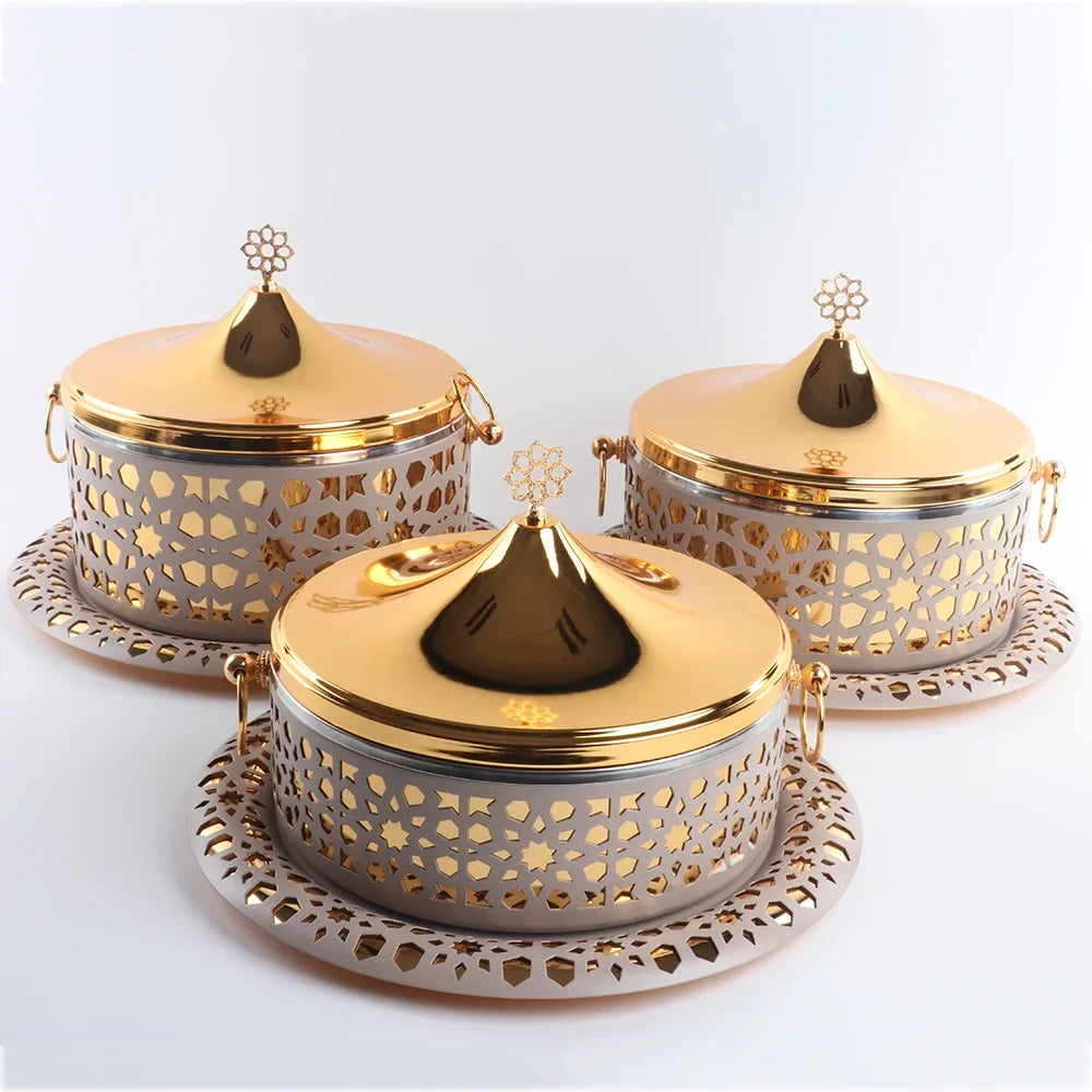 Luxury MC THE BLACK DIAMOND chafer dish buffet set with stainless steel chafing dishes and lids arranged for serving.