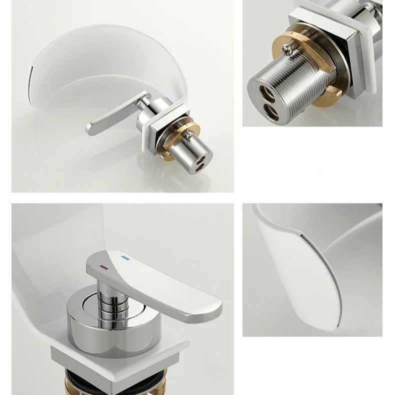 MC The Black Diamond hot and cold water hydrant iron bathroom sink faucet in black and white, shown with spout and handles.