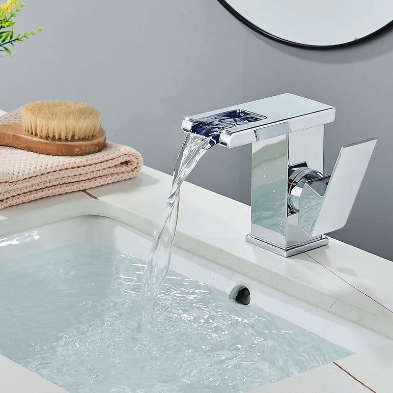 LED temperature-display basin faucet by MC THE BLACK DIAMOND, modern bath sink faucet with illuminated temperature indicator