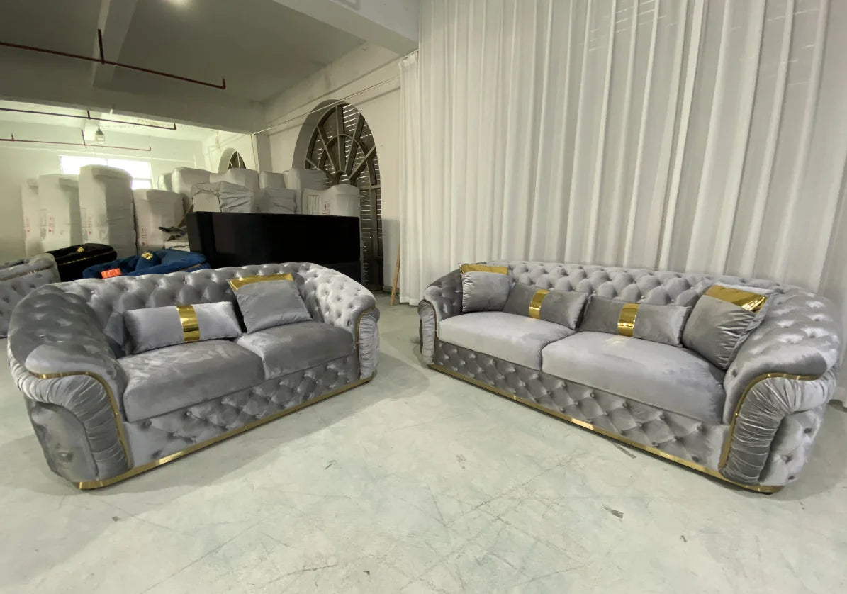 Modern luxury velvet Chesterfield lounge sofa set with gold base and wooden legs, designed for villa living rooms.