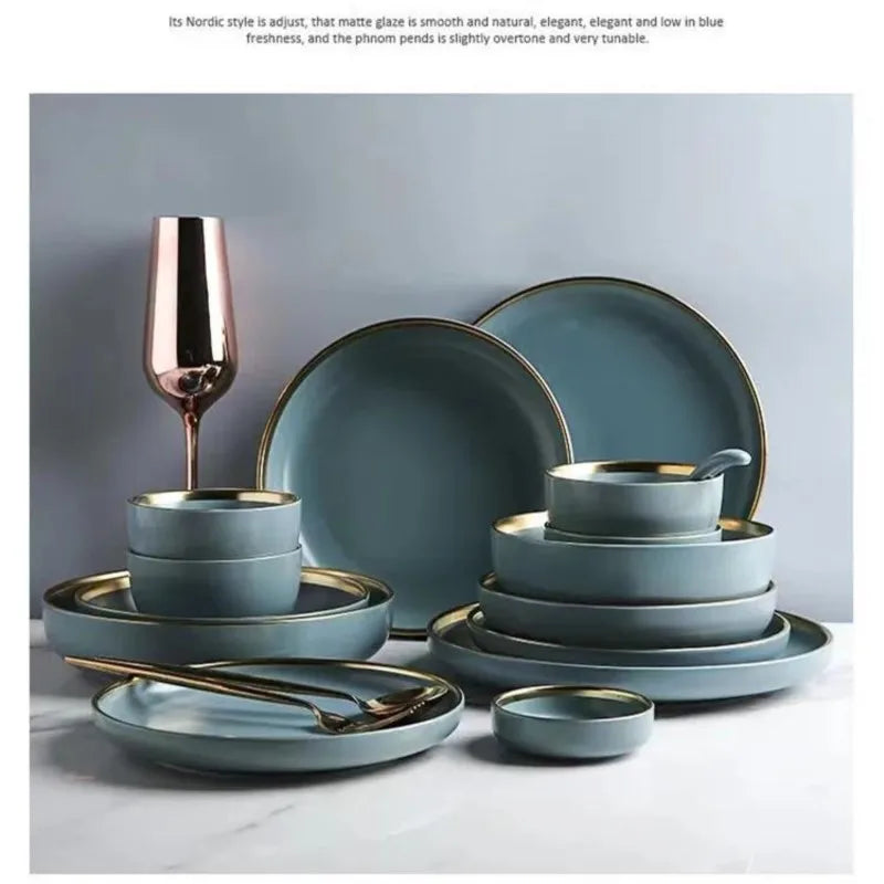 Matte ceramic dinnerware set with cereal bowls, dessert plates, and steak plates from 𝕄𝕔 𝕋𝕙𝕖 𝔹𝕝𝕒𝕔𝕜 𝔻𝕚𝕒