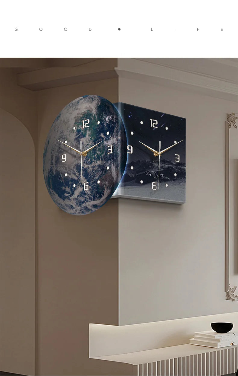 Earth double-sided corner LED wall clock by MC THE BLACK DIAMOND, showing time on both sides in a modern wall clock design.