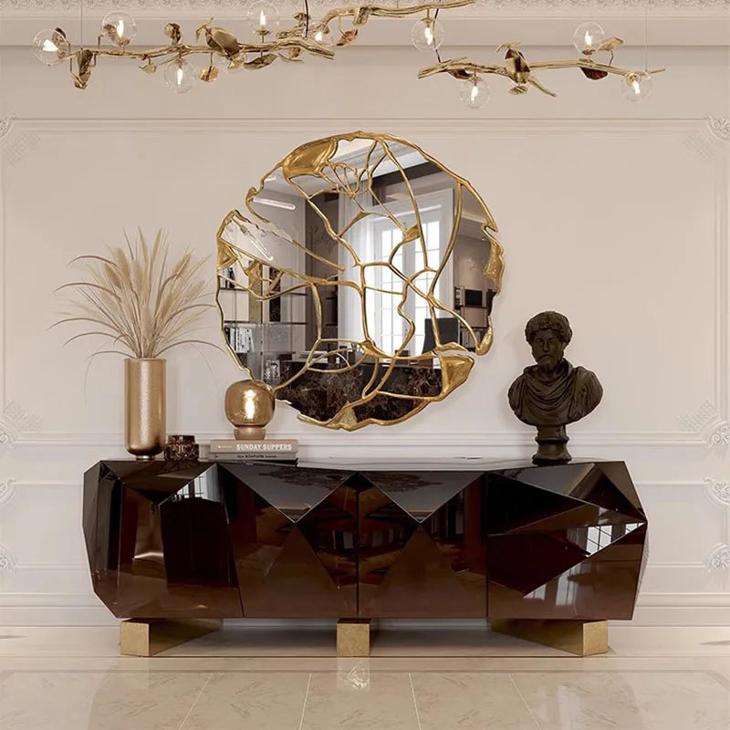 Round hand mirror decor with black frame, used as a light decorative piece for home interior by MC THE BLACK DIAMOND.