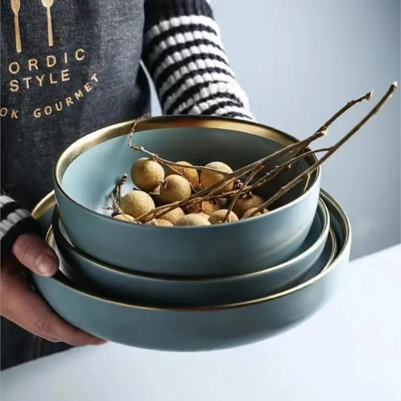 Matte ceramic dinnerware set with cereal bowls, dessert plates, and steak plates from 𝕄𝕔 𝕋𝕙𝕖 𝔹𝕝𝕒𝕔𝕜 𝔻𝕚𝕒