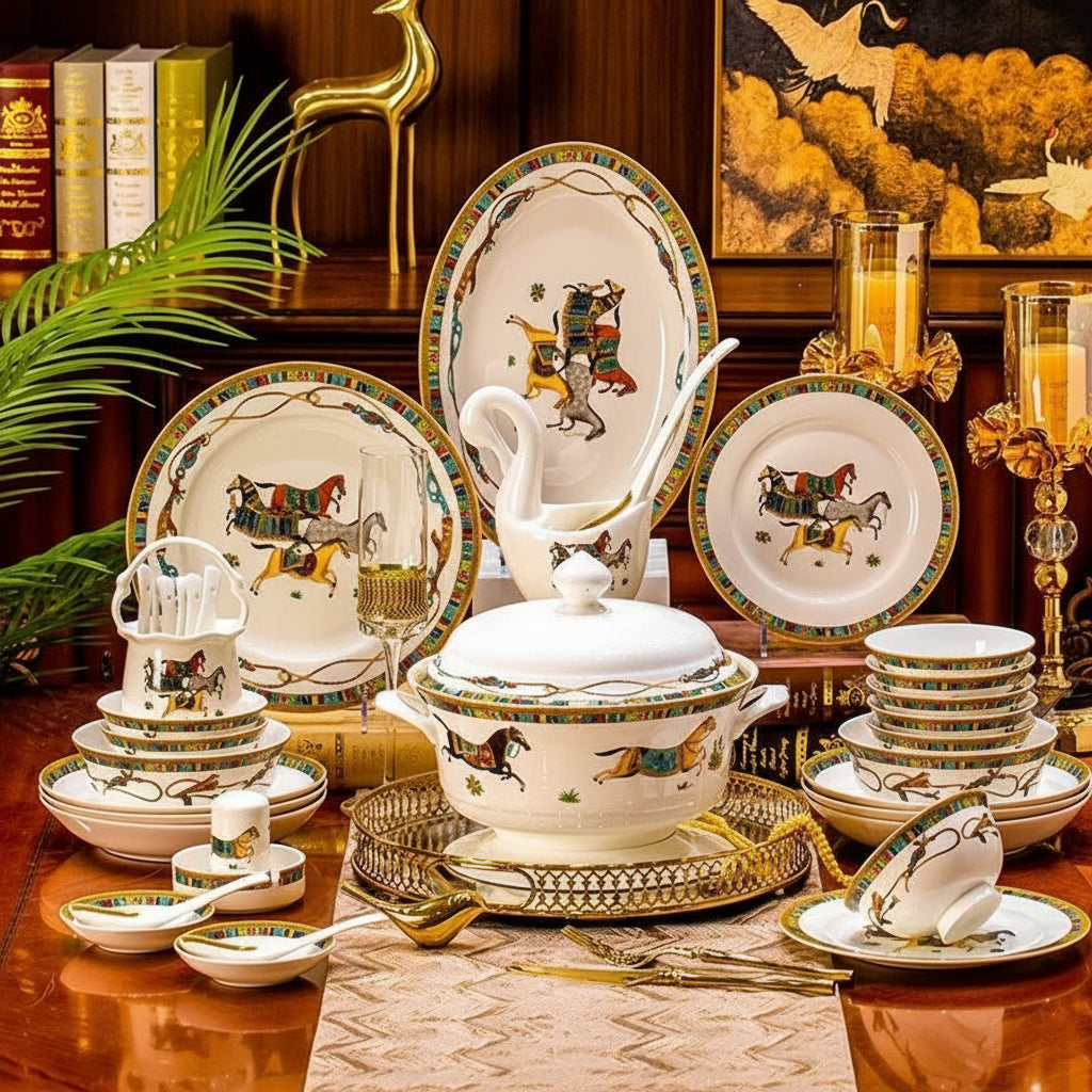 Family size dinnerware set by MC THE BLACK DIAMOND, includes plates, bowls, and mugs for complete tableware collection.