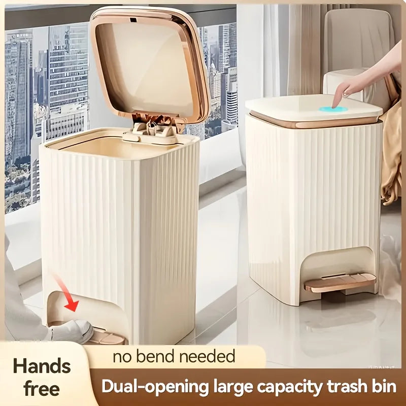 Compact MC THE BLACK DIAMOND foot pedal trash can made of durable plastic, featuring a sleek, light luxury design for easy waste disposal.