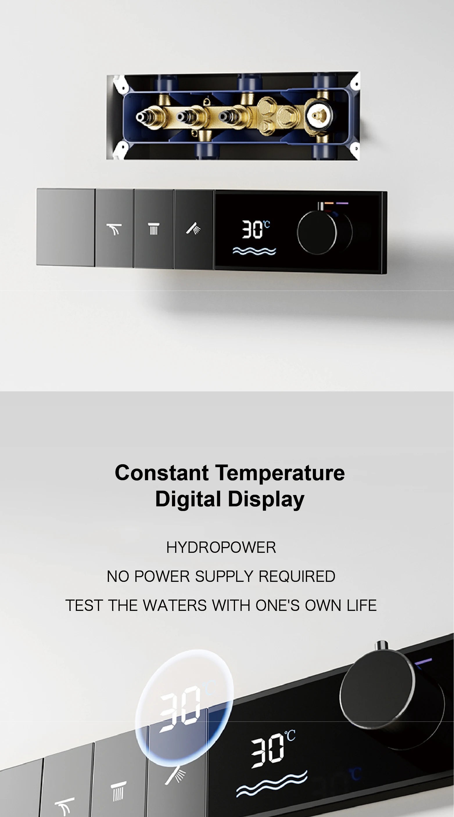 MC THE BLACK DIAMOND LED digital display shower system with three spray modes, featuring sleek modern design.