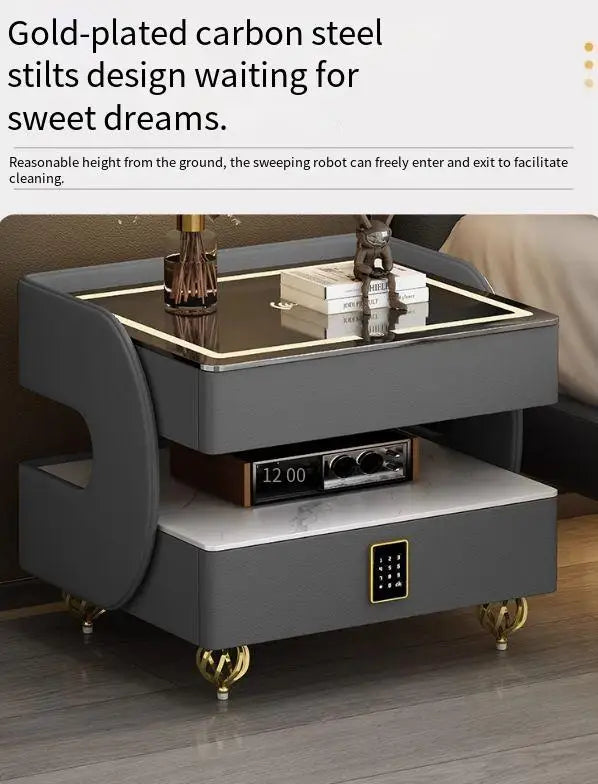 MC THE BLACK DIAMOND coded lock USB rolling side table with storage drawer and modern design, ideal for bedside or living room use.