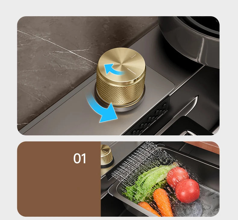 Kitchen sink waterfall faucet by MC THE BLACK DIAMOND with large single bowl and cup washer in a modern stainless steel design.