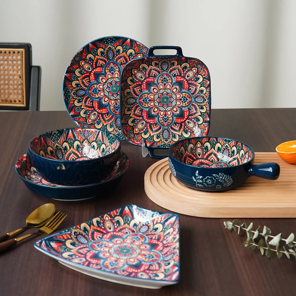 Bohemian ceramic dinnerware set with unique floral pattern by MC THE BLACK DIAMOND, featuring plates and bowls for stylish table setting.
