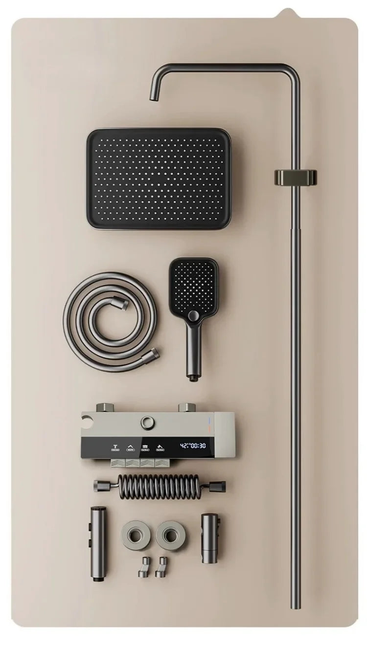 Wall-mounted MC THE BLACK DIAMOND rainfall shower system with pressurized bath and shower faucet set, featuring a sleek modern design.