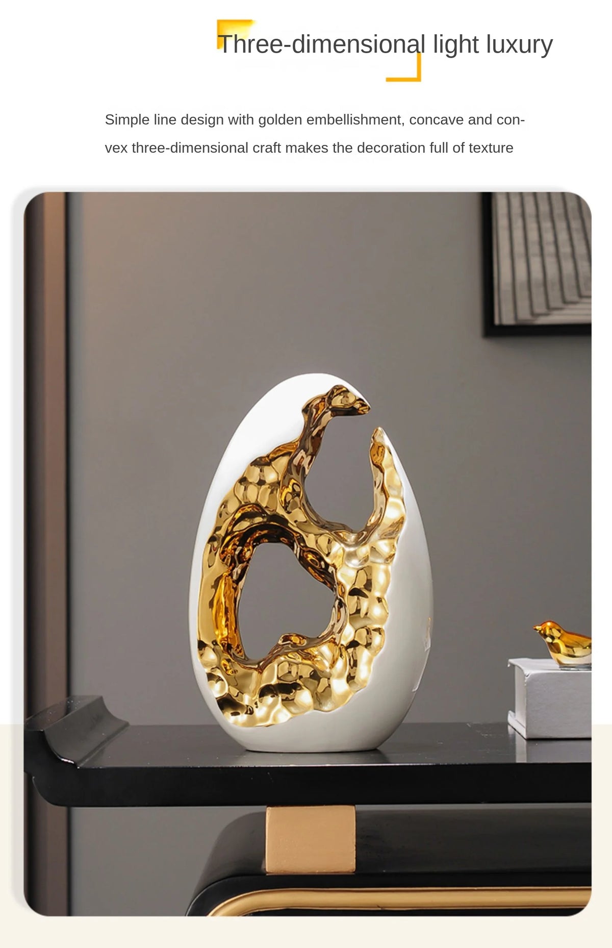 Gold figurines from MC THE BLACK DIAMOND decor collection displayed on a living room TV cabinet and office desktop.