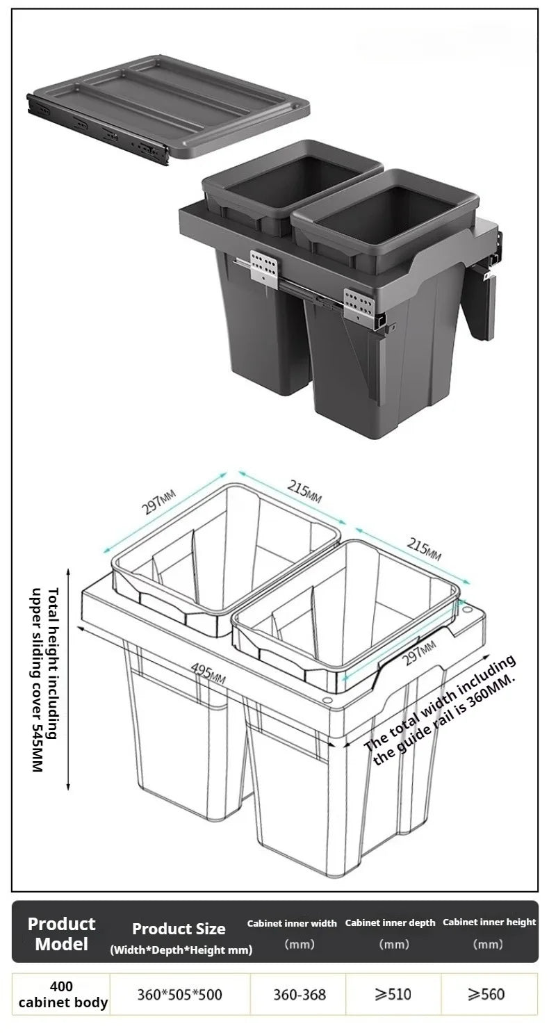 MC THE BLACK DIAMOND hidden trash can with lid, classified garbage bin for kitchen food waste disposal, compact and discreet design