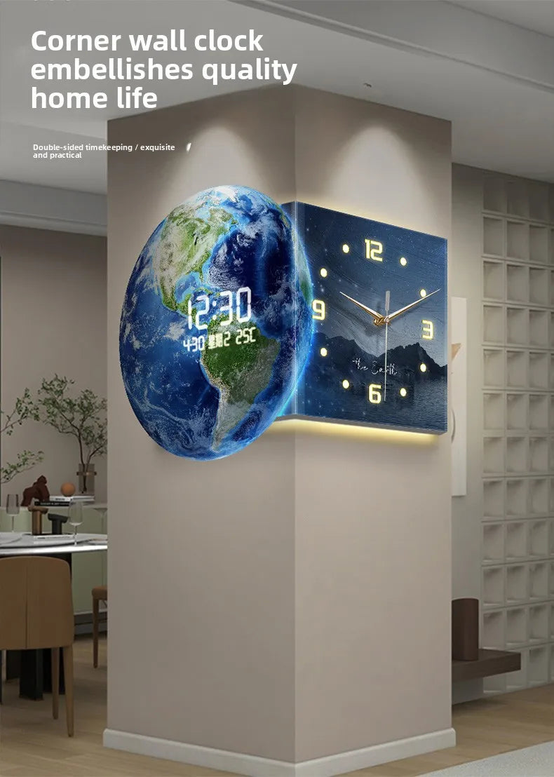 Earth double-sided corner LED wall clock by MC THE BLACK DIAMOND, showing illuminated clock faces on a wall corner.