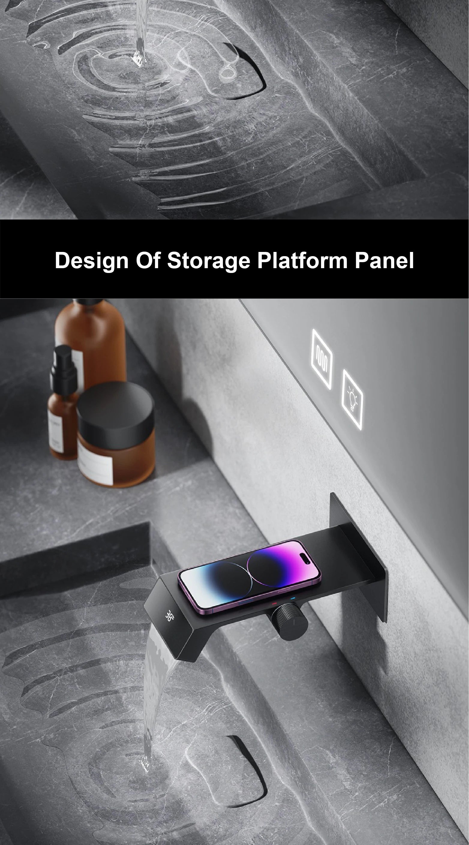 Luxury gray brass bath sink faucet with LED digital display, from MC THE BLACK DIAMOND, featuring modern design and digital controls.