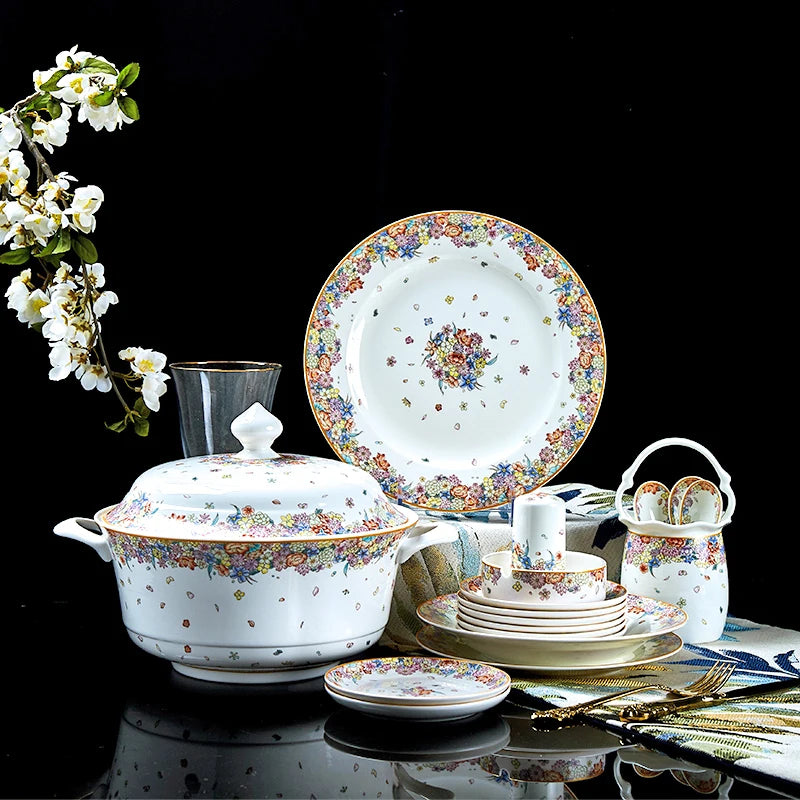 Family size MC THE BLACK DIAMOND dinnerware set with star design, includes plates, bowls, and mugs for stylish dining.