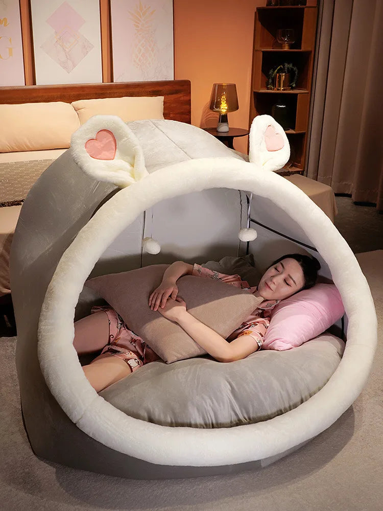Soft plush oversized tent in cozy house design by MC THE BLACK DIAMOND, perfect as playful home decor for adults and children.