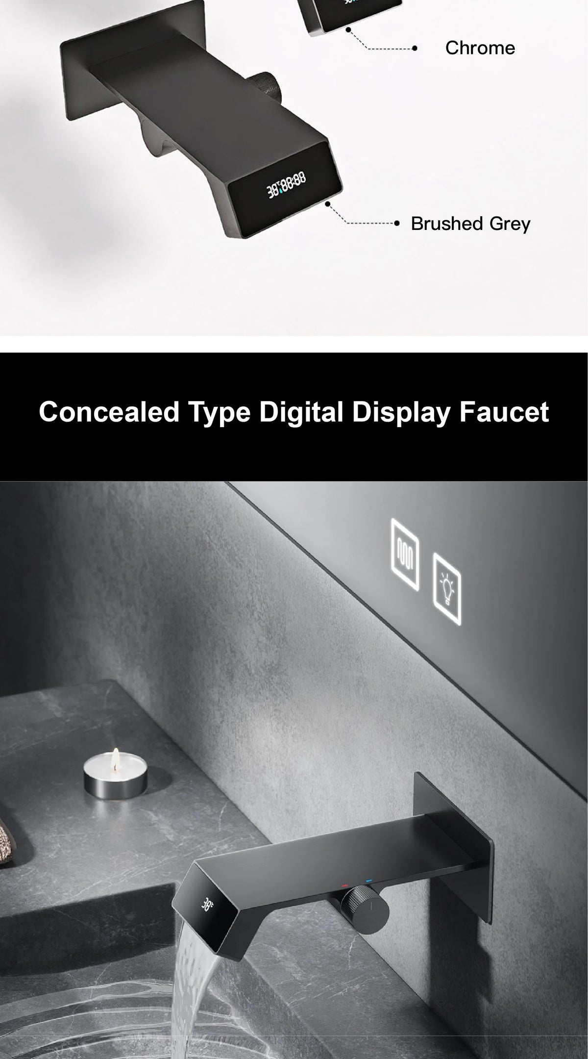 Luxury gray brass bathroom faucet with LED digital display, designed for bath sink use by MC THE BLACK DIAMOND.