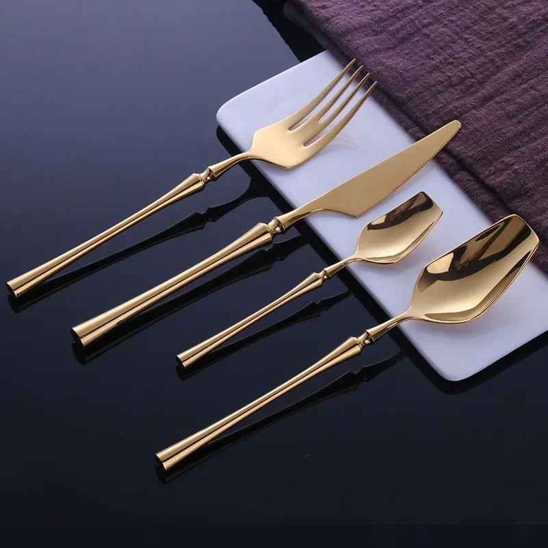 Mirror matte stainless steel dinnerware set with black, gold, and silver finishes from 𝕄𝕔 𝕋𝕙𝕖 𝔹𝕝𝕒𝕔𝕜 𝔻𝕚𝕒�