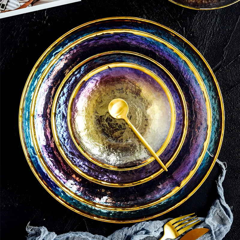 Thick rainbow glass dinner plate with colorful striped design, ideal for serving steaks and main courses, by MC THE BLACK DIAMOND.